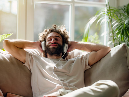 A man with curly hair and a beard relaxes on a couch, listening to music with headphones, basking in sunlight from a nearby window.の素材