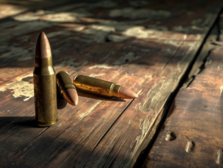 Three bullets rest on a worn, rustic wooden surface, illuminated by soft, natural light, casting shadows.の素材