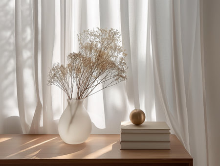 A frosted vase with dried flowers sits on a wooden table beside a stack of books topped with a golden sphere, against a backdrop of sheer white curtains.の素材