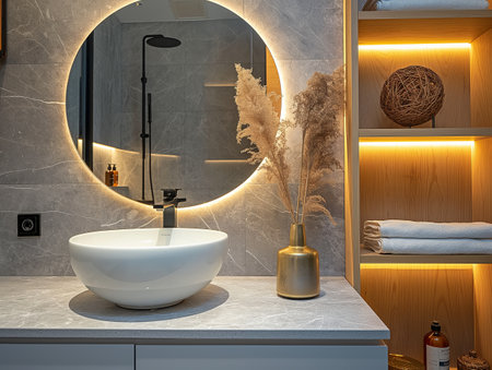 A contemporary bathroom features a round backlit mirror, a white vessel sink, and a gold vase with dried plants. Wooden shelves with towels and decor are warmly lit.の素材