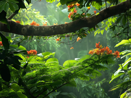 A lush jungle scene with vibrant orange flowers blooming on branches, bathed in soft sunlight.の素材