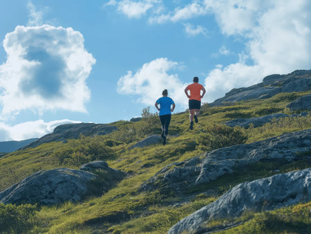 Two individuals in athletic wear run uphill on a rocky, grassy trail under a bright blue sky with scattered clouds.の素材