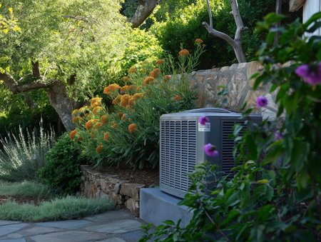 An air conditioning unit is situated in a vibrant garden with blooming flowers, green shrubs, and a stone wall.の素材