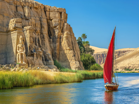 A boat with a red sail glides on the Nile River, passing by ancient Egyptian statues carved into a rocky cliff.の素材