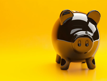 A glossy black piggy bank stands against a vibrant yellow background, reflecting lightの素材