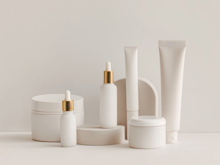 A collection of white skincare containers, including jars, tubes, and dropper bottles, arranged on a neutral backgroundの素材