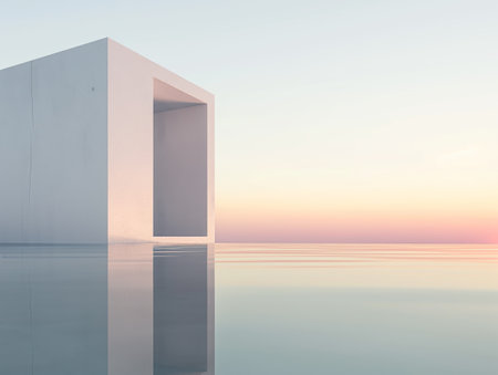 A large, white, minimalist structure stands by calm water, reflecting the soft pastel hues of a serene sunsetの素材