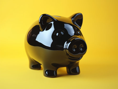 A glossy black piggy bank stands against a vibrant yellow background, reflecting light on its smooth surfaceの素材