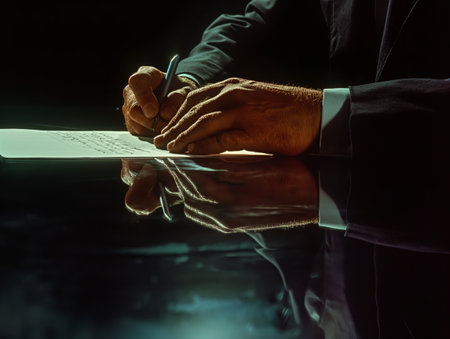 A close-up of hands in a suit writing on paper, with a reflection on a glossy surface, set against a dark backgroundの素材