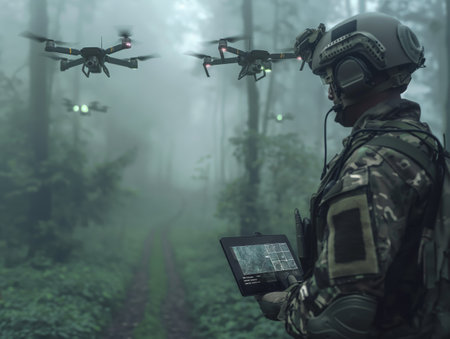 A soldier in camouflage gear operates multiple drones using a tablet in a foggy forest, showcasing advanced military technologyの素材