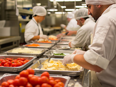 Chefs in white uniforms and hairnets prepare ingredients in a professional kitchen, focusing on trays of fresh produceの素材
