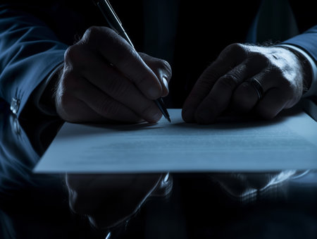 Close-up of hands signing a document with a pen in low light, reflecting on a glossy surfaceの素材