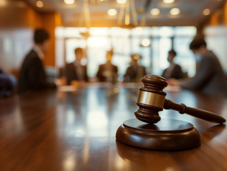 A wooden gavel rests on a table in a meeting room with blurred figures in the backgroundの素材