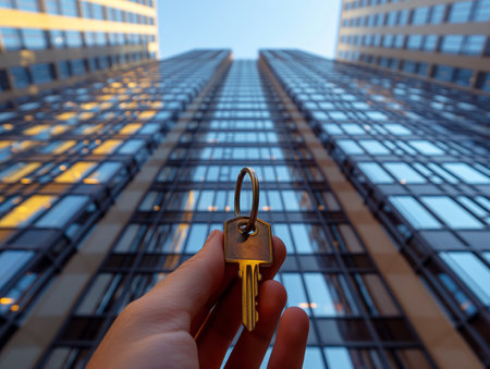 A hand holds a key against the backdrop of a tall, modern glass building reflecting the skyの素材
