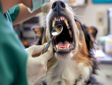 A veterinarian examines a dogs teeth using a dental mirror The dogs mouth is wide open, showing its teeth and gumsの素材