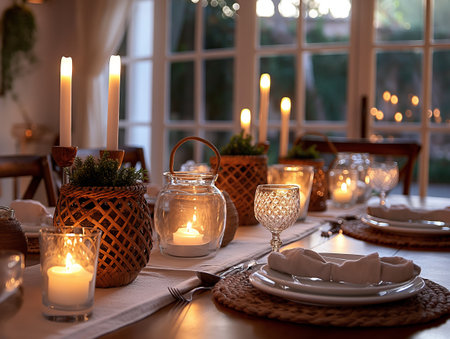 A beautifully set dinner table with lit candles in glass and wicker holders, crystal glasses, and white plates with napkins, creating a warm, inviting ambianceの素材