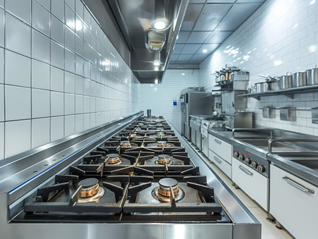 A clean, modern commercial kitchen featuring stainless steel appliances, gas stoves, and white tiled wallsの素材
