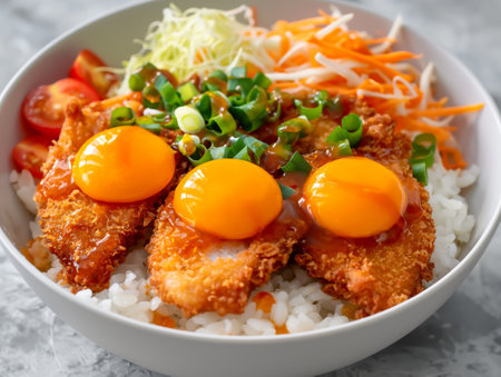 A bowl of rice topped with crispy chicken katsu, raw egg yolks, green onions, shredded cabbage, and cherry tomatoesの素材