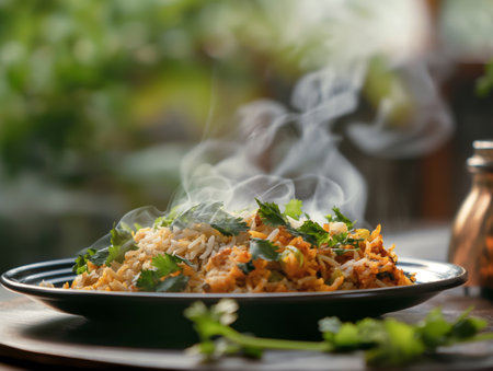 A steaming plate of rice garnished with fresh cilantro, set against a blurred green background, exudes warmth and aromaの素材