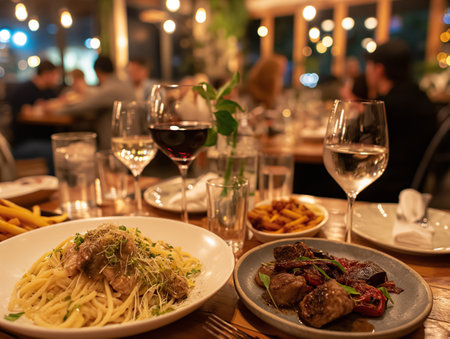 A cozy restaurant scene with a focus on a table set with pasta, grilled vegetables, and wine glassesの素材