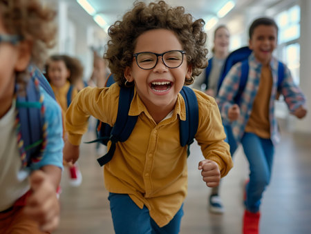 A group of happy children with backpacks run down a brightly lit school hallway, smiling and laughingの素材