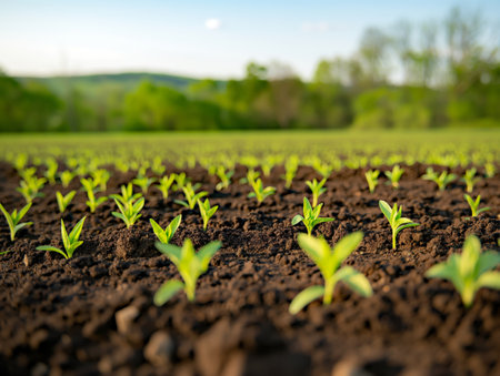 Close-up of young green seedlings sprouting from dark, fertile soil in a vast field under a clear skyの素材