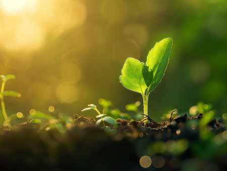 A small green plant with two leaves emerges from the soil, bathed in warm, golden morning sunlightの素材