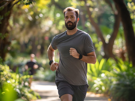 A man with a beard jogs on a path in a lush, green park He wears a gray shirt and black shorts, with a focused expression Sunlight filters through the treesの素材