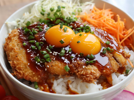 A bowl of rice topped with crispy chicken cutlet, raw egg yolks, shredded cabbage, and carrots, garnished with green onions and sesame seedsの素材