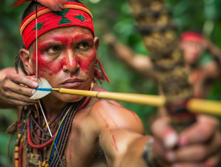 A focused indigenous archer with red face paint and a colorful headband aims an arrow in a lush forestの素材