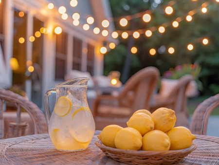 A wicker table holds a pitcher of lemonade and a basket of lemons String lights glow warmly in the background, creating a cozy outdoor ambianceの素材