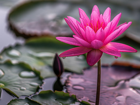 A vibrant pink lotus flower with dew drops on its petals stands tall above green lily pads in a serene pondの素材