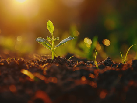A small green plant sprouts from rich, dark soil, bathed in warm, golden sunlight with a blurred backgroundの素材