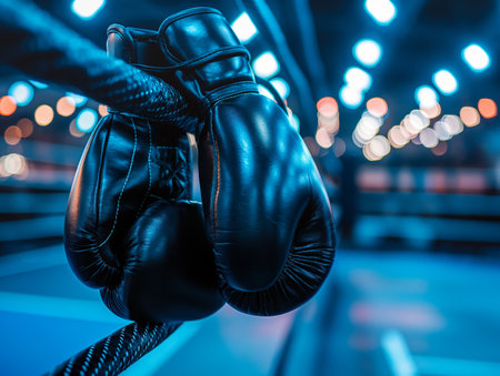 A pair of black boxing gloves hang on the ropes of a boxing ring, illuminated by blue lights with a bokeh effect in the backgroundの素材
