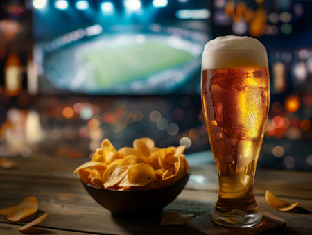 A frosty glass of beer and a bowl of potato chips sit on a wooden table, with a blurred sports game on TV in the backgroundの素材