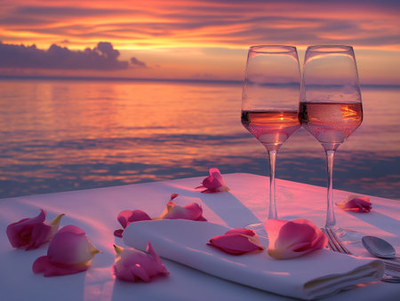Two wine glasses on a table with rose petals, set against a stunning sunset over the oceanの素材