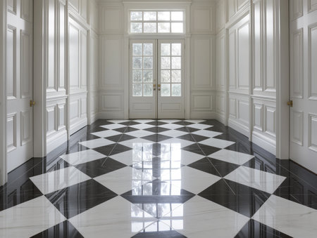 A bright hallway features a striking black and white checkered marble floor, white paneled walls, and a large windowed doorの素材