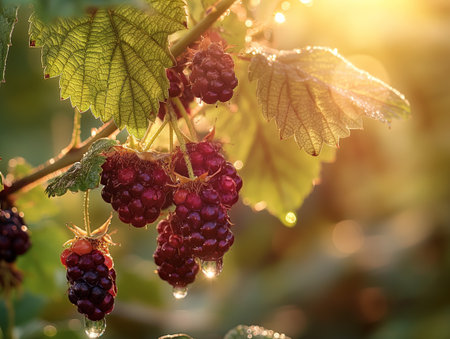 Close-up of ripe blackberries hanging from a branch, glistening with morning dew, illuminated by warm sunlightの素材