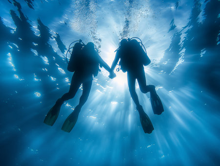 Two scuba divers hold hands while swimming underwater, illuminated by sun rays filtering through the waterの素材