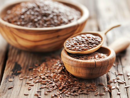 Close-up of flax seeds in a wooden bowl, spoon, and scattered on a rustic wooden surfaceの素材