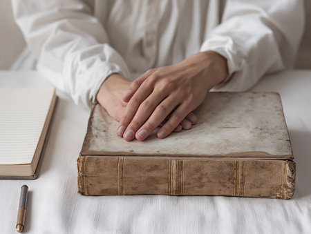 A person in a white shirt rests their hands on an old, worn book A notebook and pen lie nearby on a white surfaceの素材