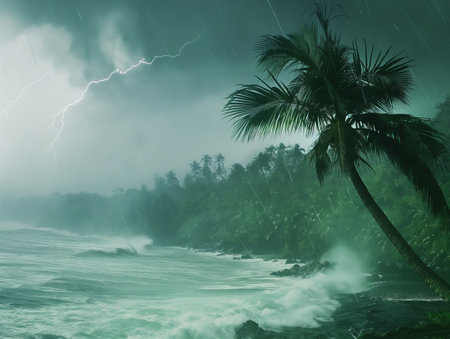 A tropical storm rages over the ocean, with lightning illuminating the dark sky and heavy rain falling on the palm tree-lined coastの素材