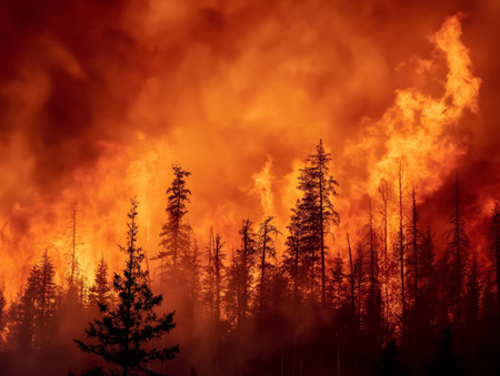 A fierce wildfire consumes a dense forest, with towering flames and thick smoke creating a dramatic sceneの素材