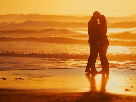 A couple embraces on a beach at sunset, their silhouettes reflected in the wet sand, with waves in the backgroundの素材