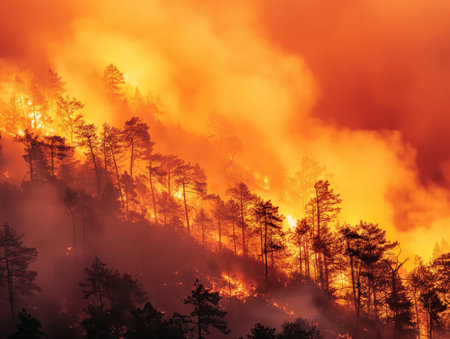 A fierce forest fire rages through a dense forest, with tall trees silhouetted against the intense orange flames and thick smokeの素材