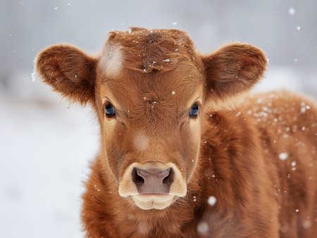 A close-up of a brown calf with snowflakes on its fur, standing in a snowy landscape, gazing curiouslyの素材