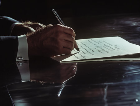 A person in a suit writes a letter on a reflective surface, with light casting shadows on the paperの素材