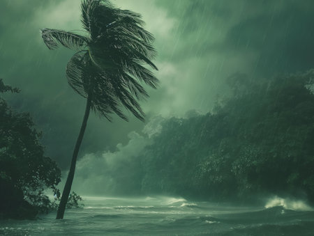 A lone palm tree bends under heavy rain and strong winds in a dense, dark green rainforestの素材