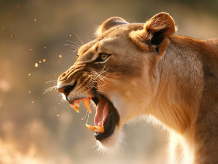 A fierce lioness roars, baring her sharp teeth, with golden light illuminating her fur and the backgroundの素材
