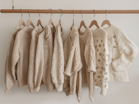 A row of beige sweaters with various textures and patterns hang neatly on wooden hangers against a light backgroundの素材